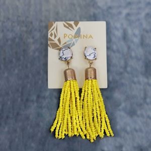 Antique Stone and Tassel Earrings-Yellow